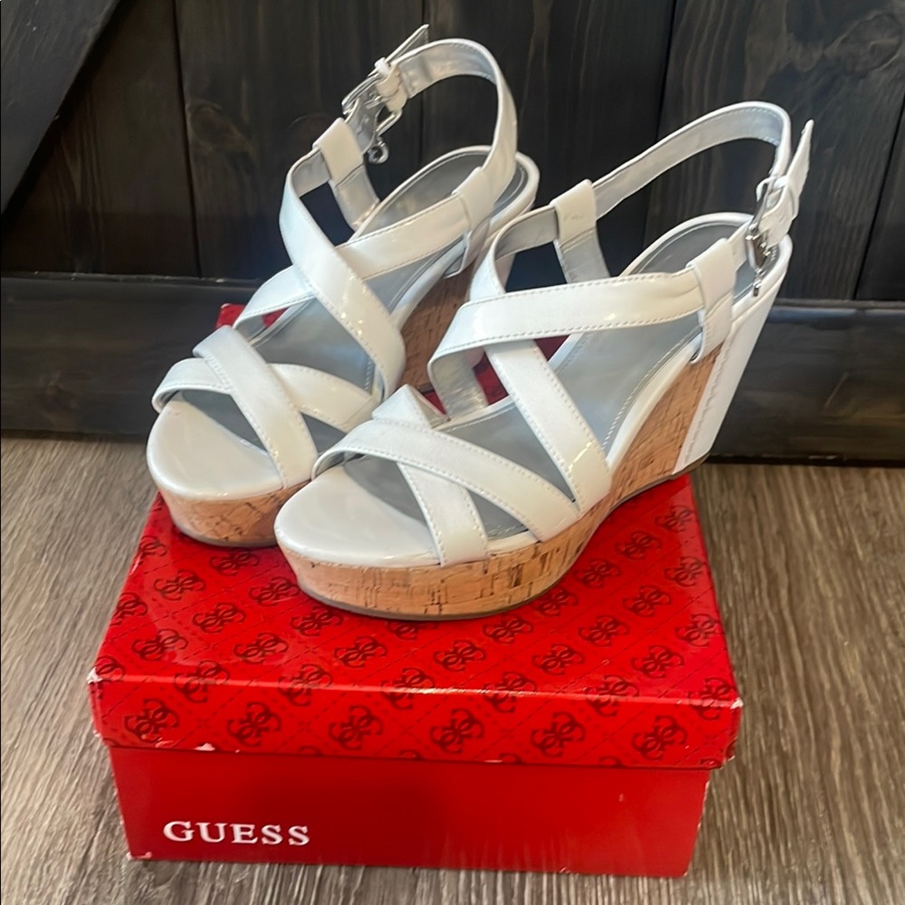 Guess White Wedge Sandals with Crisscross Straps